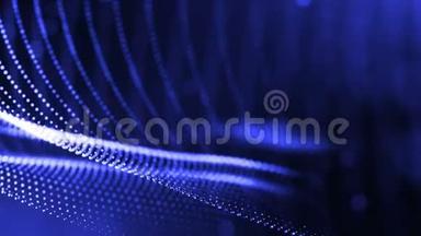 三维蓝色背景与奇妙的发光粒子。 循环三维动画具有景深，光效.. 现代